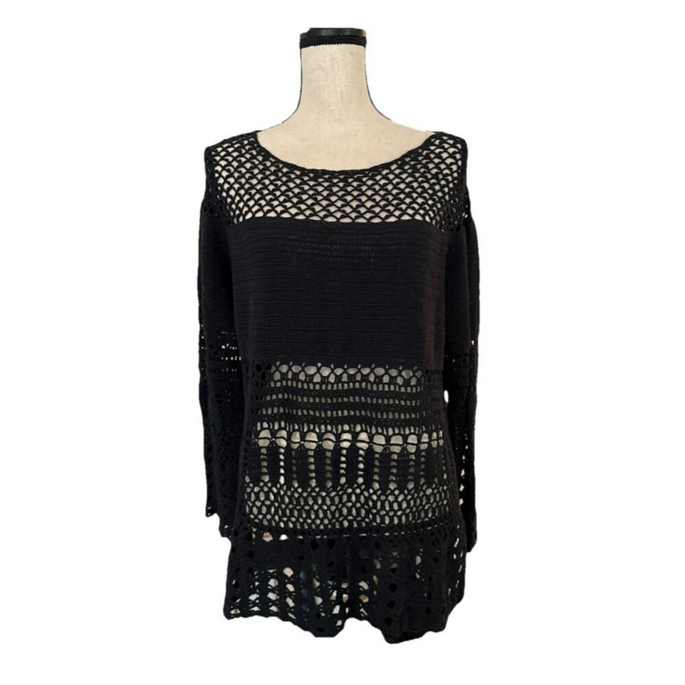 Black Crochet Knit Tunic Sweater - Women's Lightweight Layering Top